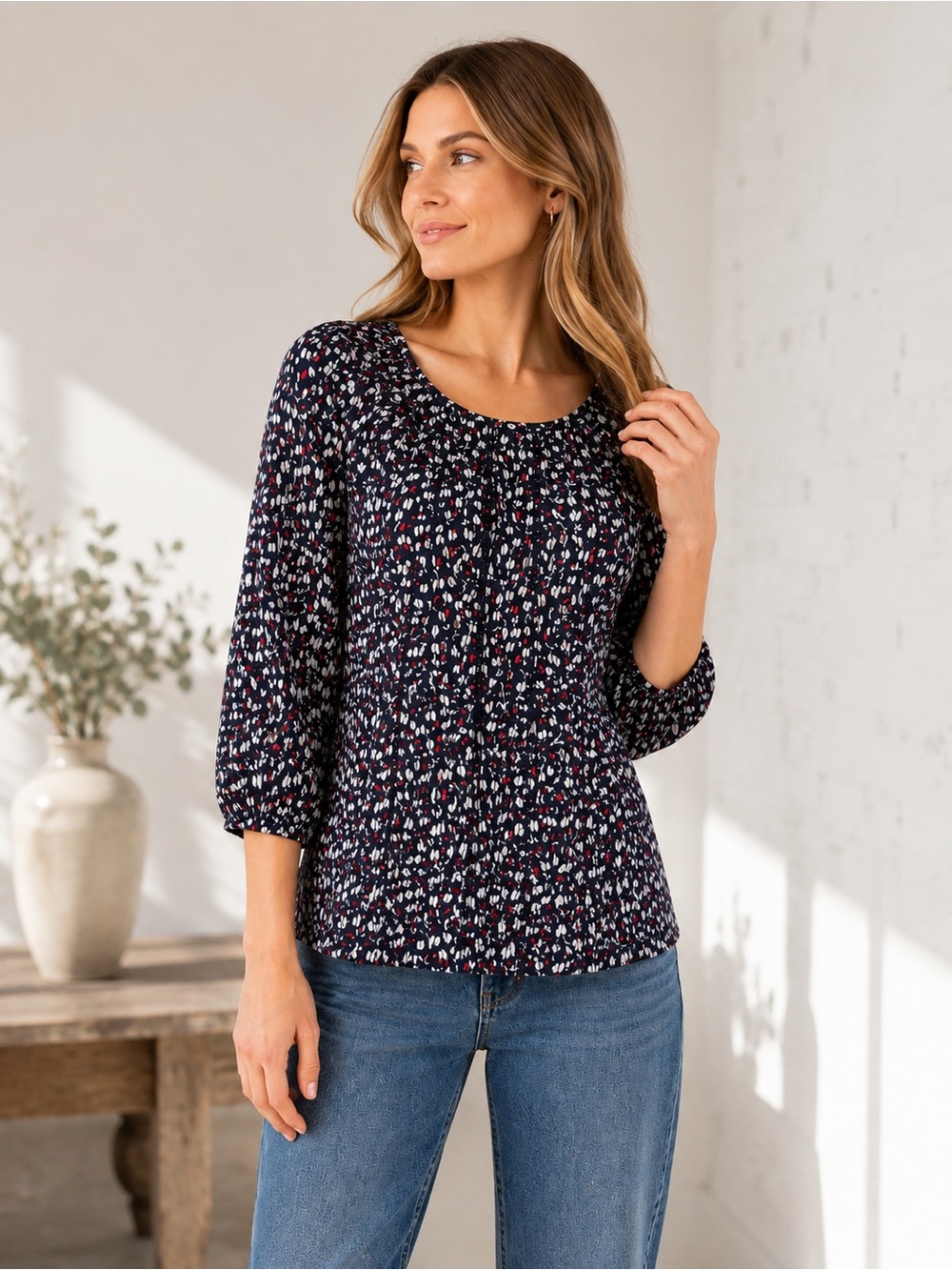 Caslon Navy Floral Pintuck Peasant Blouse